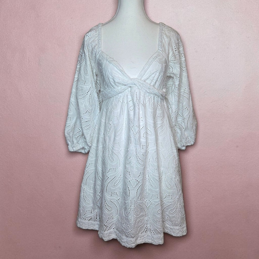 Banana Republic White Eyelet Cotton Babydoll Mini Dress XS Puff Sleeve Coquette